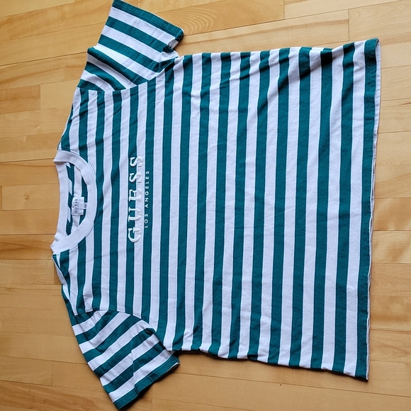 Guess Green White Striped Short Sleeve T Shirt Large - Picture 2 of 8